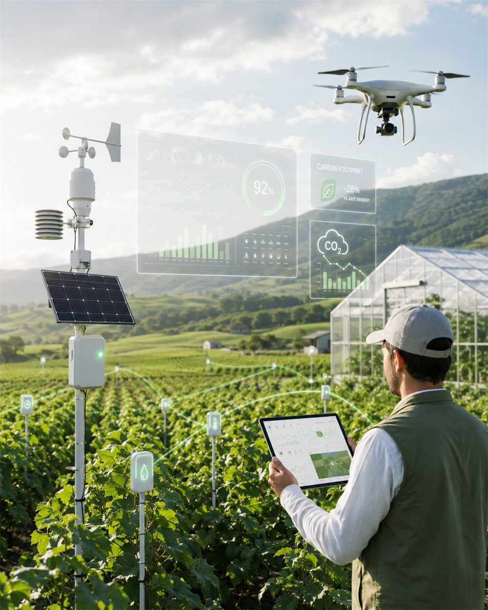 Agronomist reviewing live field data on a tablet beside a solar-powered sensor station