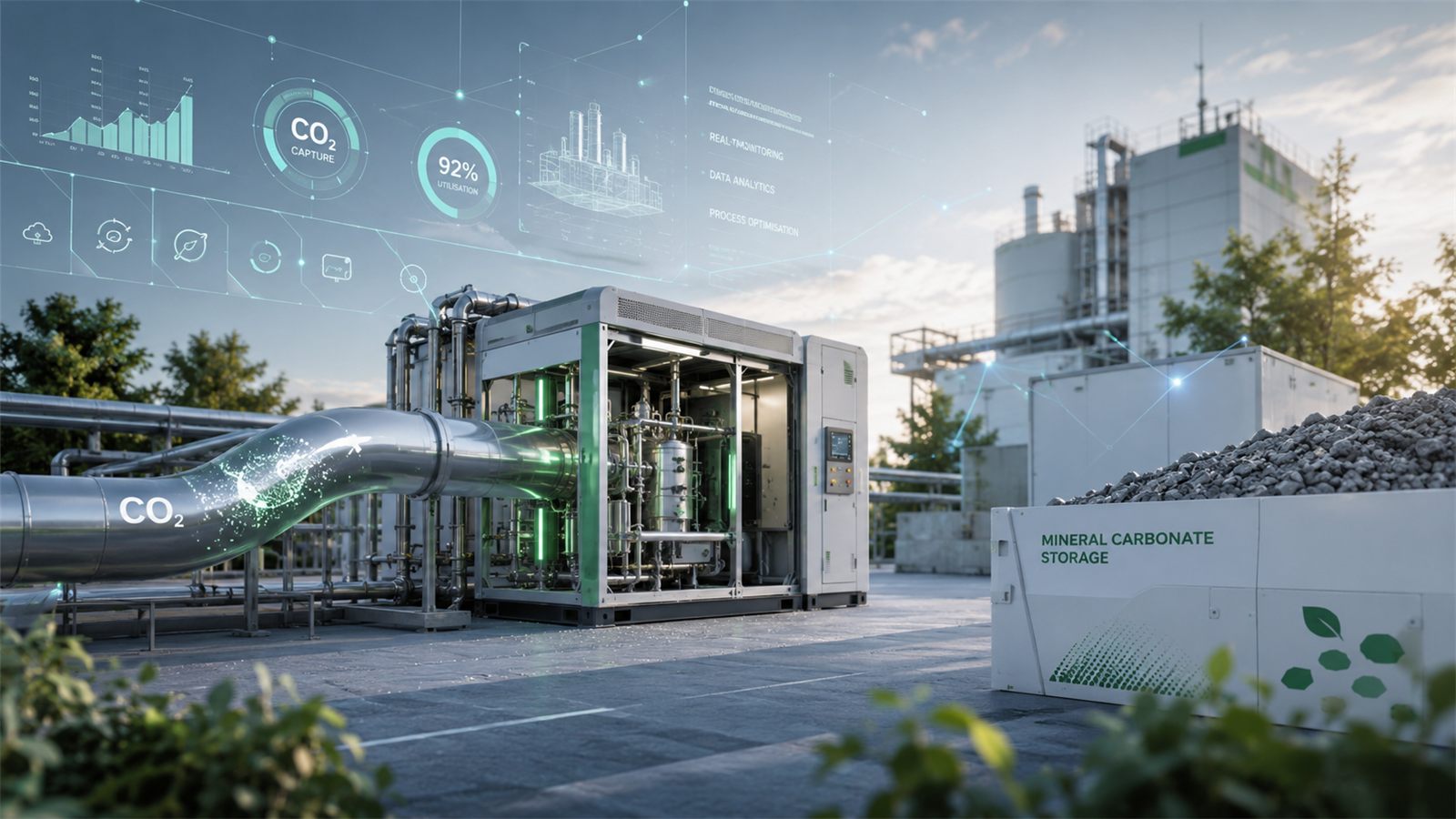 Modular containerised carbon capture unit connected to an industrial plant with mineral carbonate storage