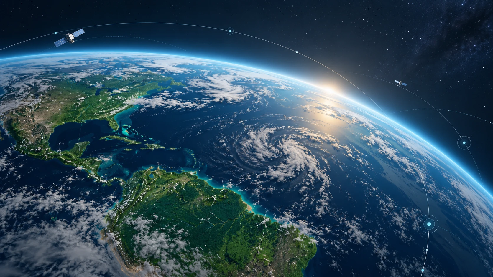Earth seen from orbit with satellites tracing observation paths across the atmosphere