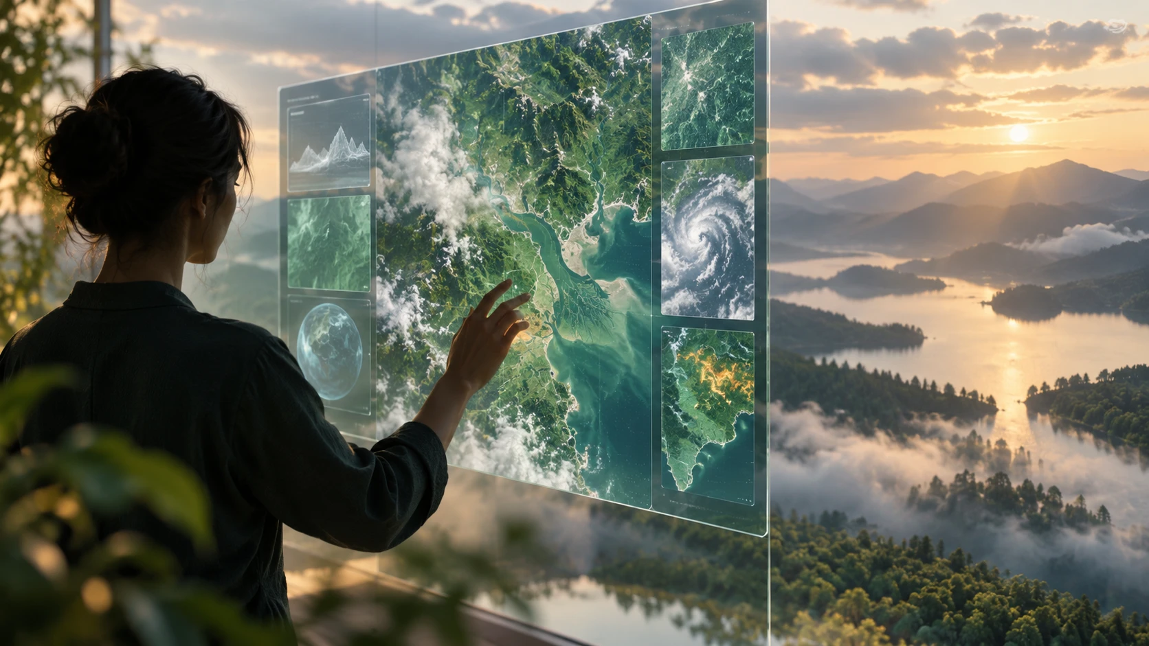 Analyst reviewing satellite imagery, environmental indicators and time-series charts on a large interactive display