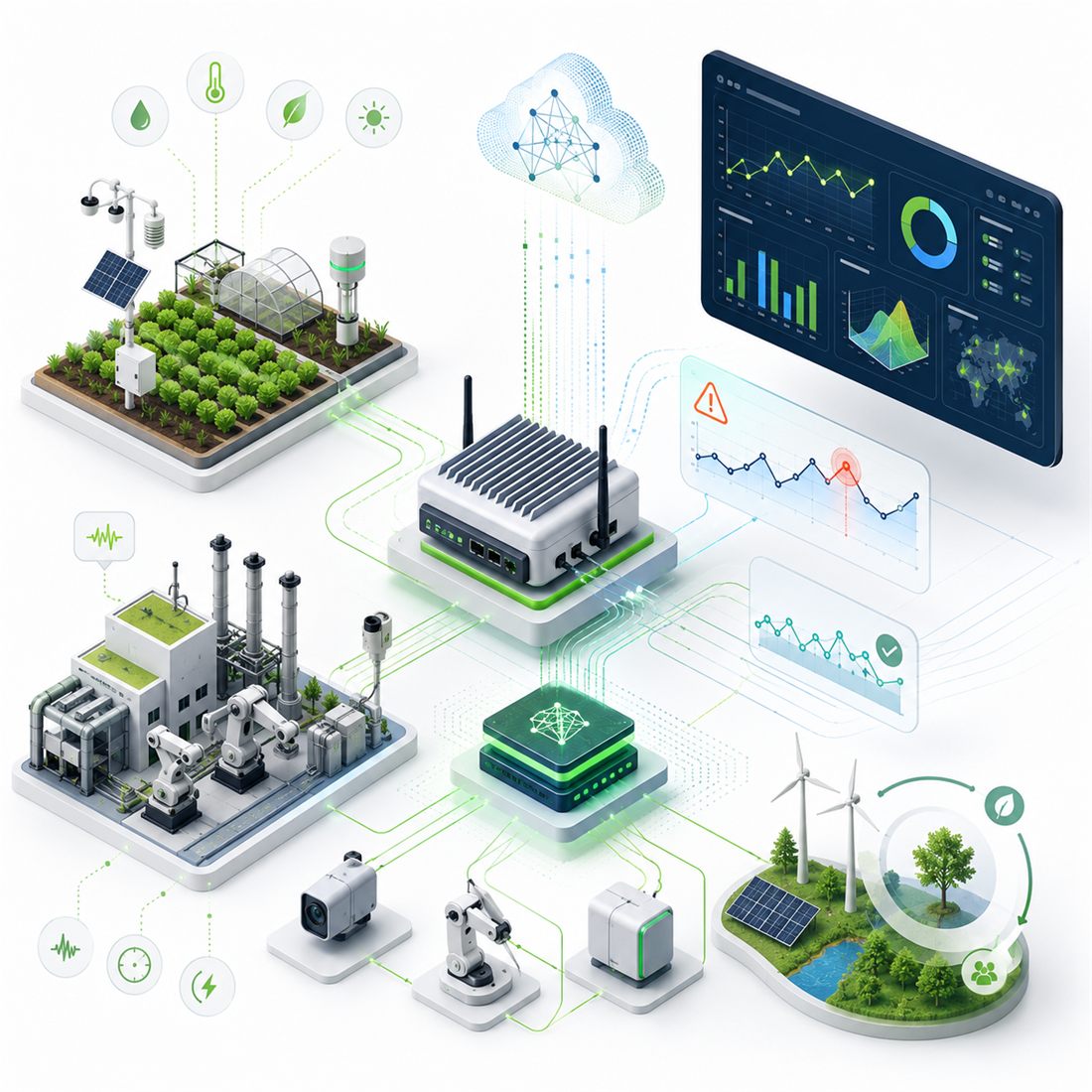 Isometric diagram of sensors, edge gateway, cloud analytics and dashboards across agriculture, industry and renewable energy