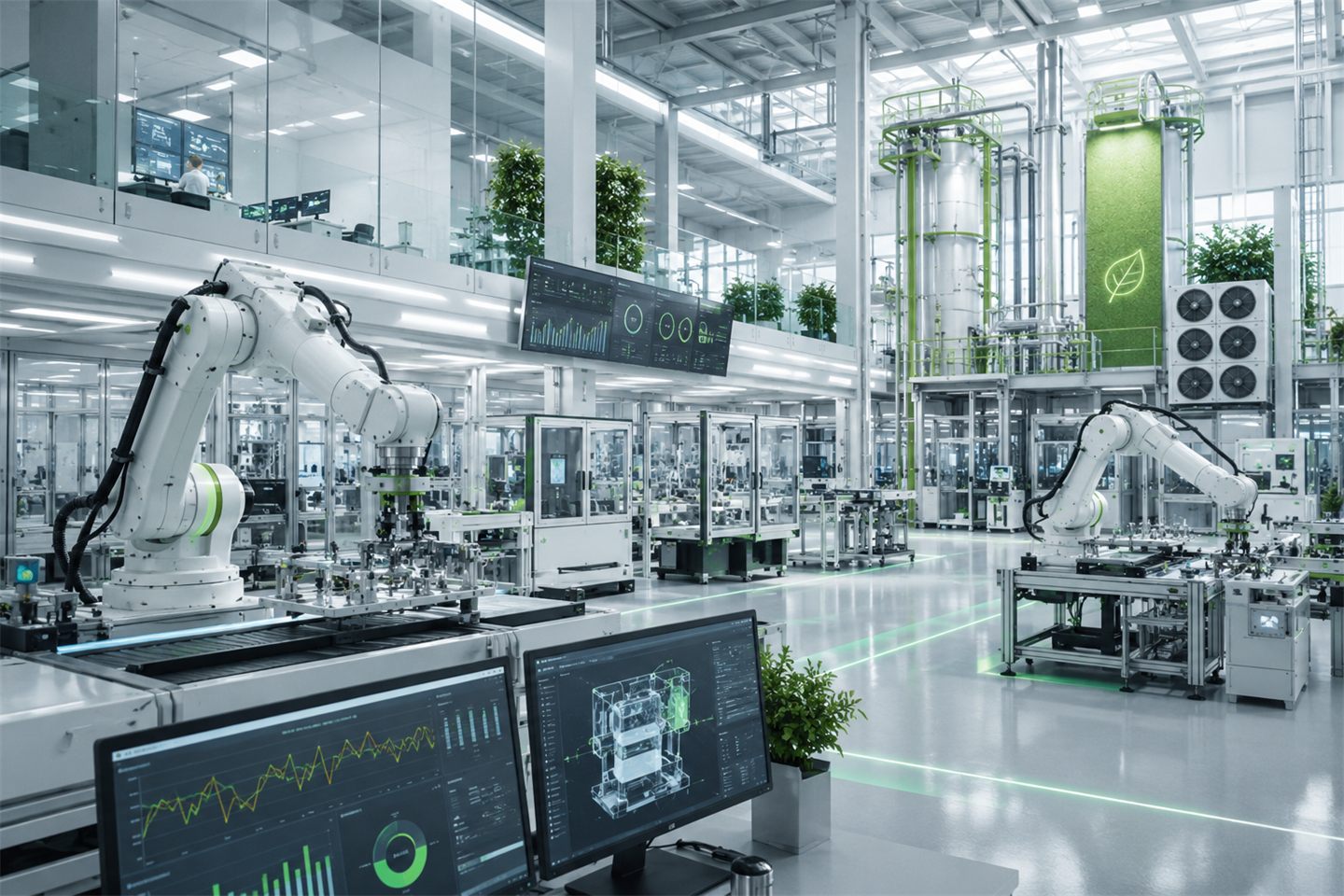 Modern automated production hall with robotic cells and live process dashboards